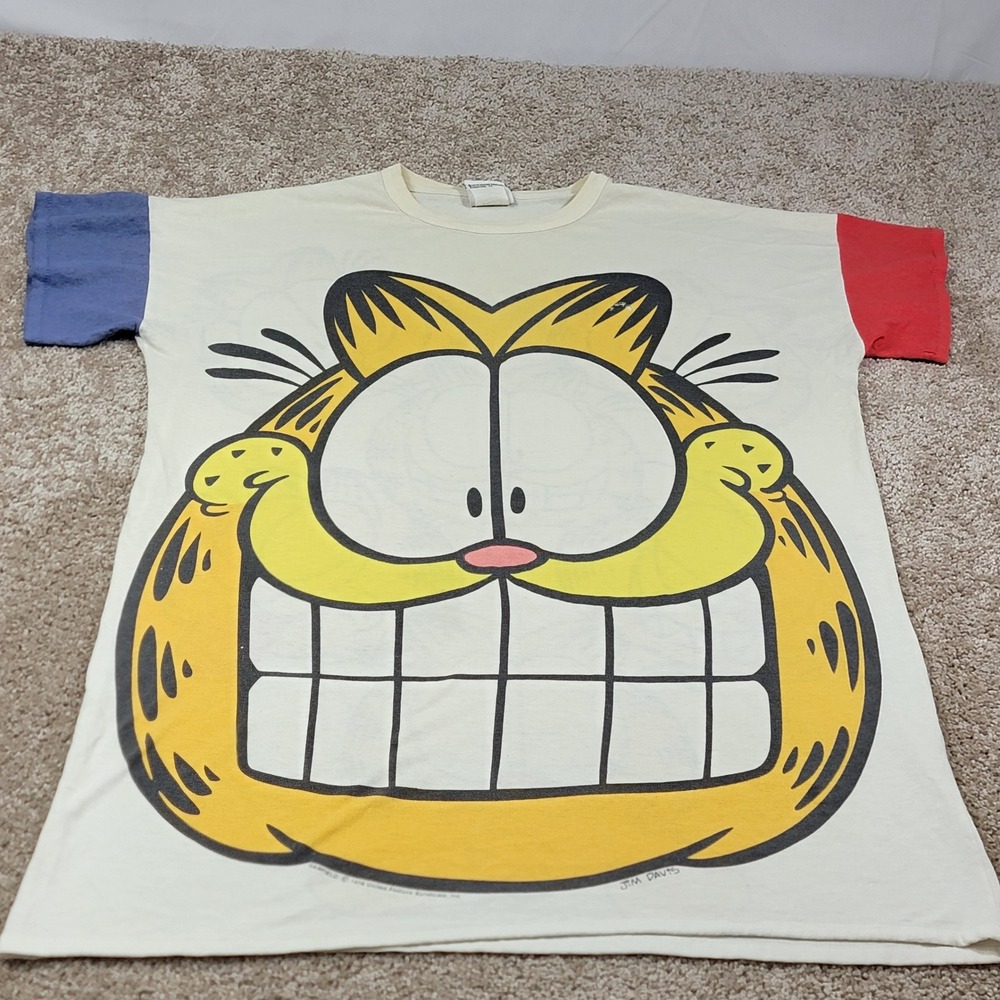 Vintage 1978 Garfield T-Shirt Jim Davis Cartoon Red Blue Sleeves Novelty Sz L/XL